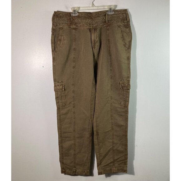 Womens Sundance Linen Blend Embroidered Boho Cargo Pants 12 Green - Picture 1 of 9
